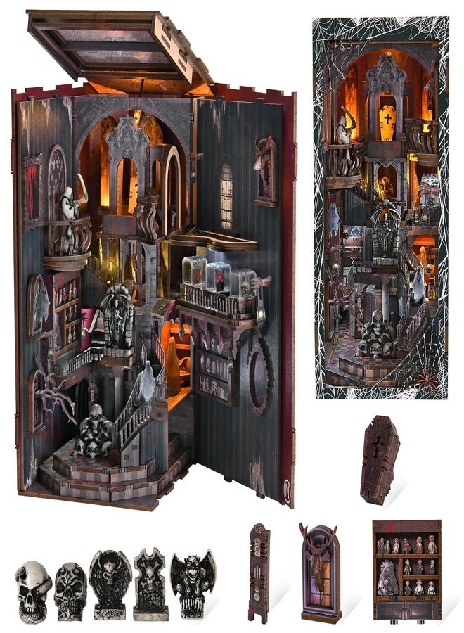 MiniCity Book Nook Kit, DIY Doll House Booknook, Miniature Kit for Bookshelf Doll Houses for Adults Teen Halloween, 3D Wooden Puzzle Bookends with Led Light and Dust Cover (Haunting Relics) - Image 1